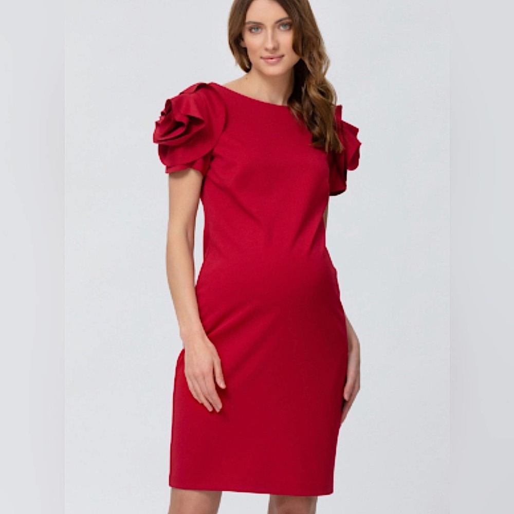 Pietro Brunelli Maternity Short Ruffled Sleeve Shift Dress Red Medium